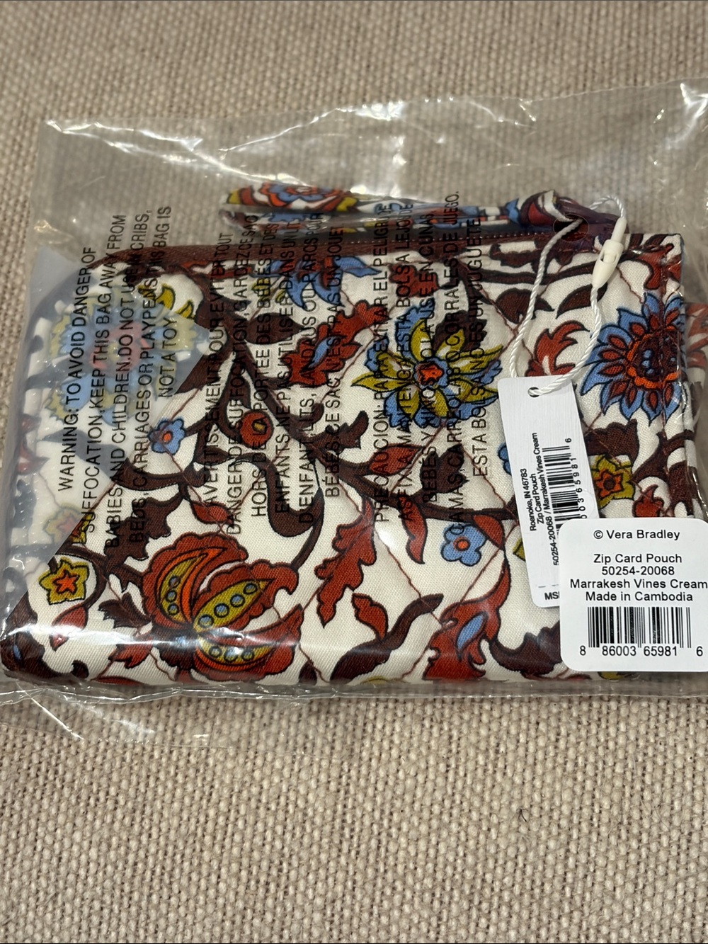 Vera Bradley Zip Card Pouch In Marrakesh Vines Cream/NWT - Picture 8 of 8